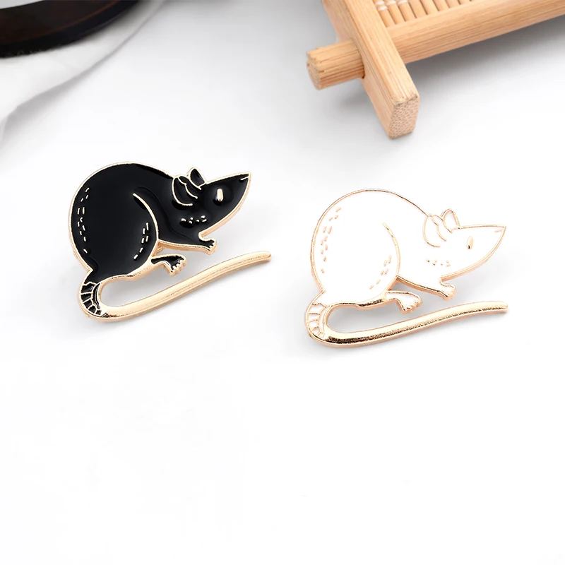 Black White Rats Enamel Pin Custom Mouse Brooches Animal Badge Bag Shirt Lapel Pin Buckle Simple Jewelry Gift for Friends