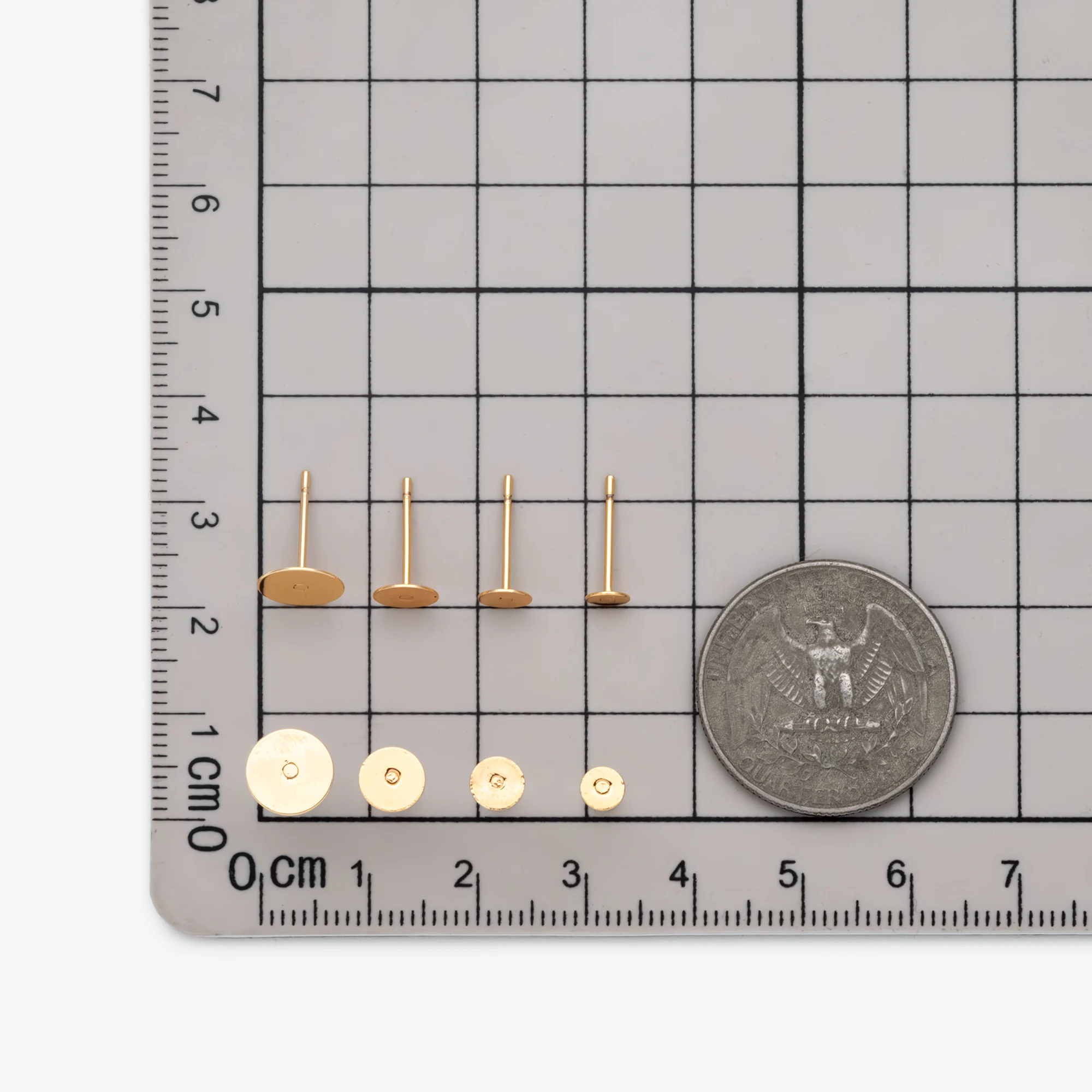 20pcs Gold Flat Ear Posts, 18K Real Gold plated Brass, Stud Earring Findings, 4/ 5/ 6/ 8mm Flat Pad (GB-2264)