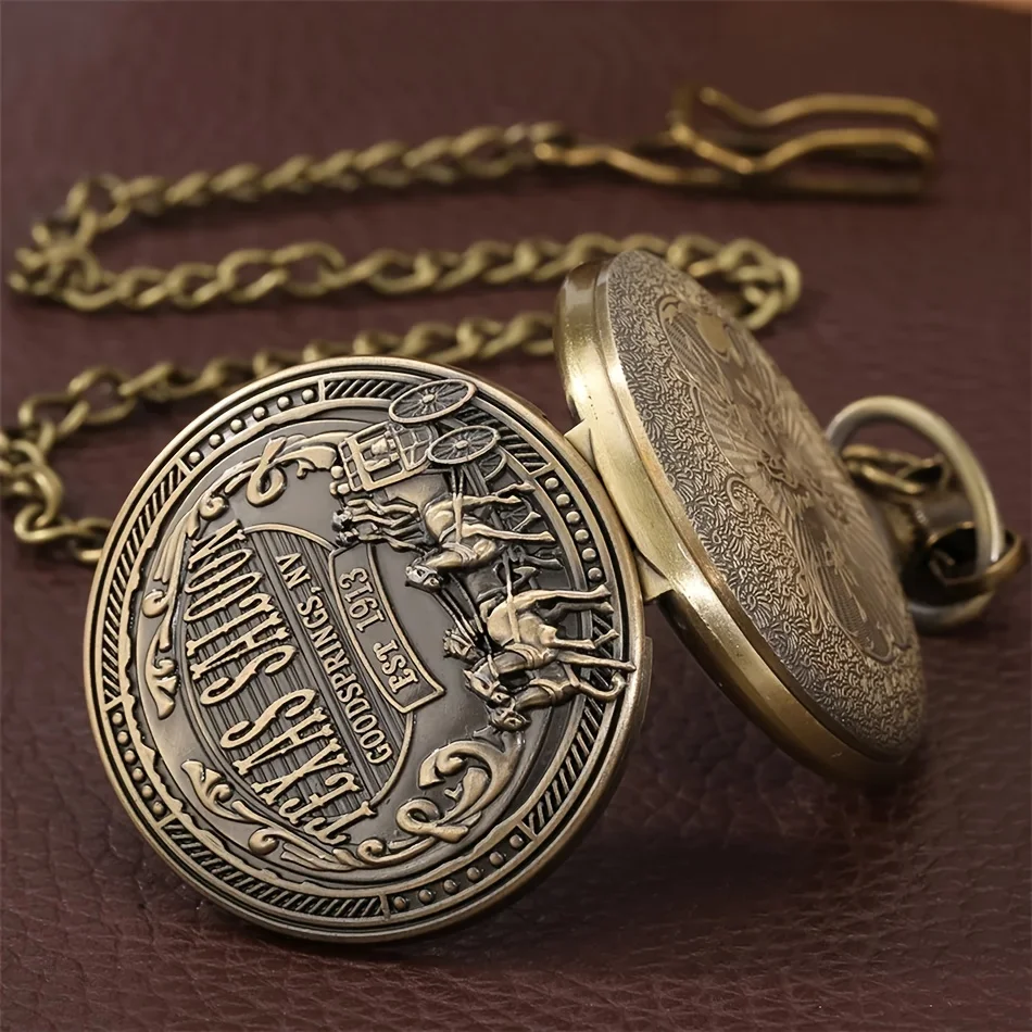 Bronze Vintage Western Cowboy Pocket Watch Embossed Texas Saloon Horse Carriage Quartz With Chain Retro Men Collectible Pendant