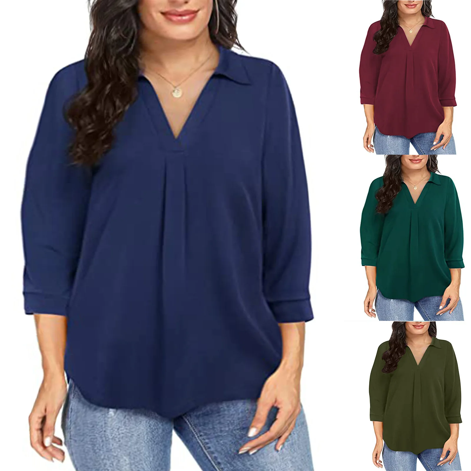 Damski 1XL-5XL Plus Size Szyfonowy damski sweter oversize luźna koszula z dekoltem w szpic plus size odzież damska