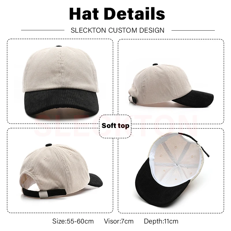 SLECKTON Logo Custom Baseball Cap for Men and Women Brand Design DIY Embroidery Print Summer Sun Hat Corduroy Unisex Wholesale