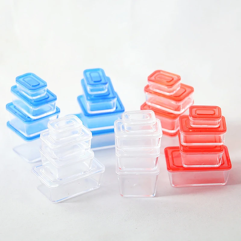 4pcs Miniature Food Snack Fruit Transparent Bento Box For Dollhouse Accessories Cute Container Crisper Rectangular Square Model