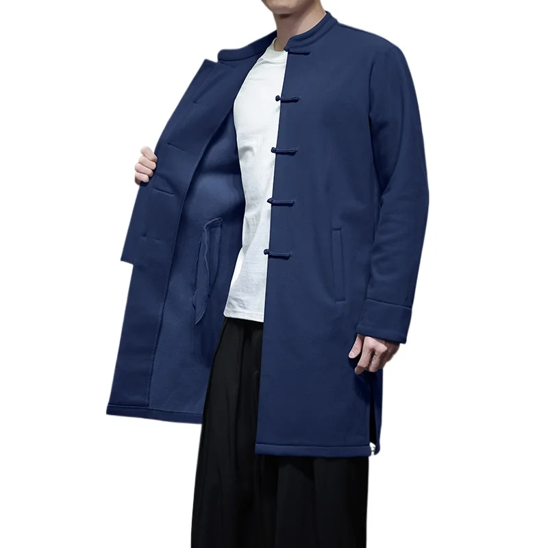 Chinese Style Retro Stand Up Collar Windbreaker Men's Pure Color Cotton Long Jacket , Spring and Autumn New Daily Casual Coats