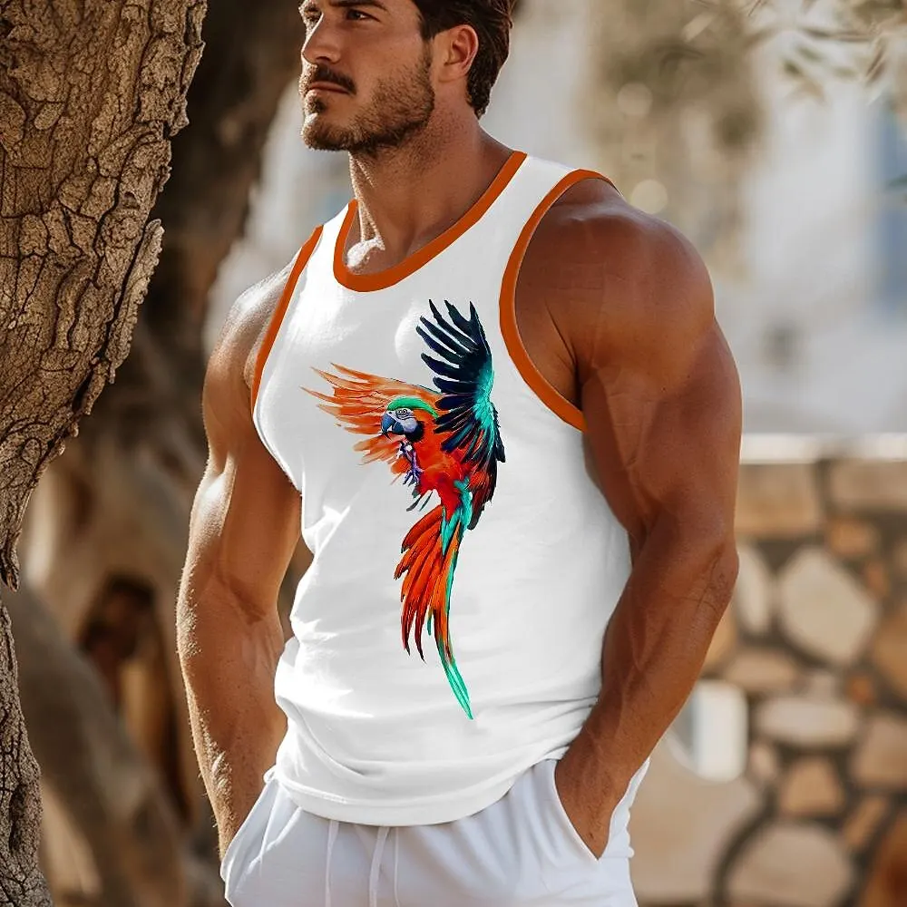 

3D Parrot Print Men's Summer Tank Top Outdoor Daily Casual Breathable Sleeveless Vest Loose Sweat Absorbing Quick Drying Clothes