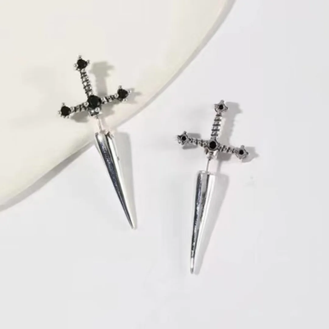 Gothic Kinitial Sword Earrings Vintage Cool Punk Crystal Ear Jacket Goth Dagger Earrings Jewelry Gift For Women