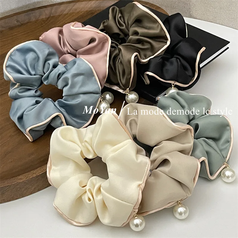 Satin Silk Scrunchies for Hair with Pearls Hairties Elastic Sweet Temperament Fashion Exaggerated Hair Band Hair Accessories