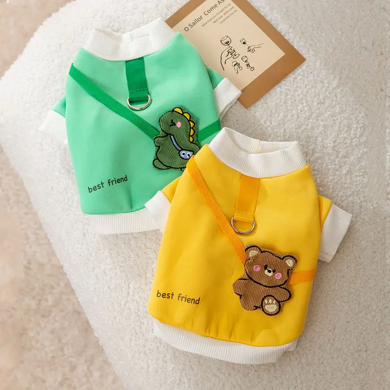 

Green Dinosaur Dog Clothes Bear Satchel Hoodie Autumn Clothes With Traction Buckle Dog Warm Clothing Pet Cartoon Clothes