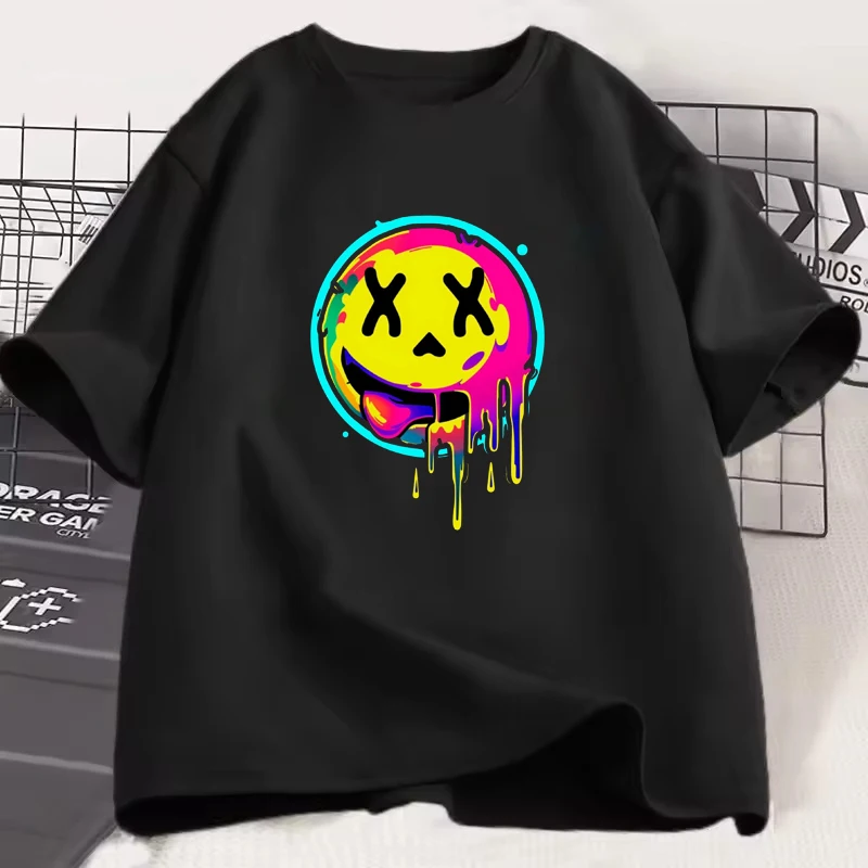 Colorful Flowing Playful Smiley Face Pattern Neutral T-shirt Funny Creative Personality Men Women Tee Casual Loose Graffiti Tops