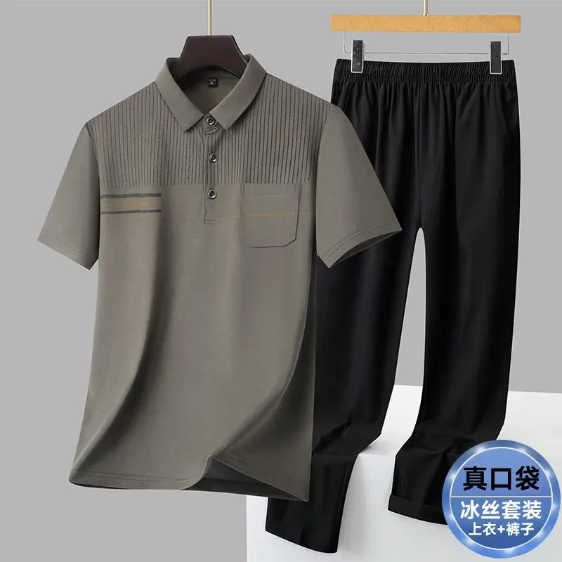 Men's Polo Shirt And Pants Set Summer Casual Sports Outfit For Middle Aged And Elderly Quick Dry Short Sleeve With Pocket view 5