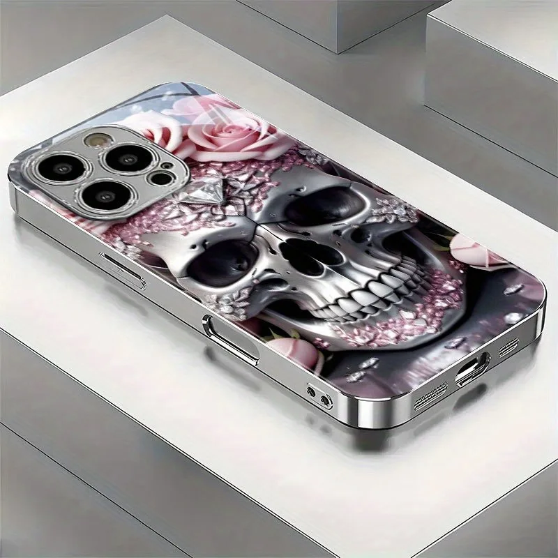 Pink Rose Metal Skull Pattern Tempered Glass Electroplated Silver Phone Case For Samsung Galaxy S23 S24 S25 Ultra Plus FE Cover