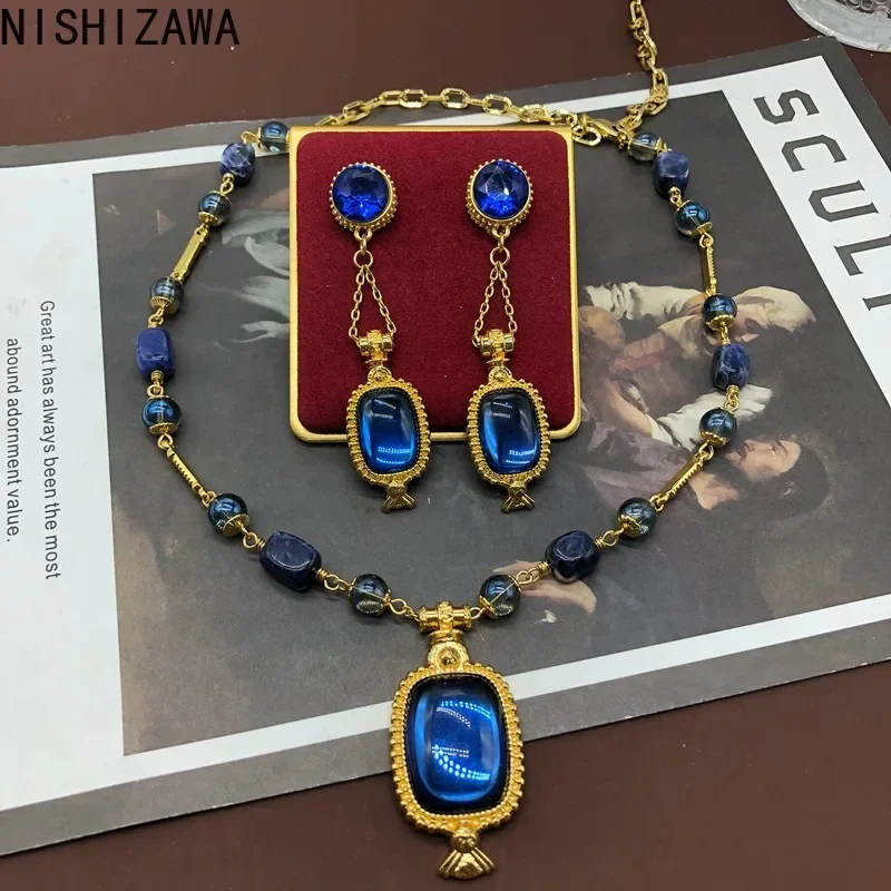 NISHIZAWA สีฟ้าต่างหูผู้หญิงเรขาคณิต Palace สไตล์ Pendientes Mujer Vintage Elegant Evening Party เครื่องประดับ