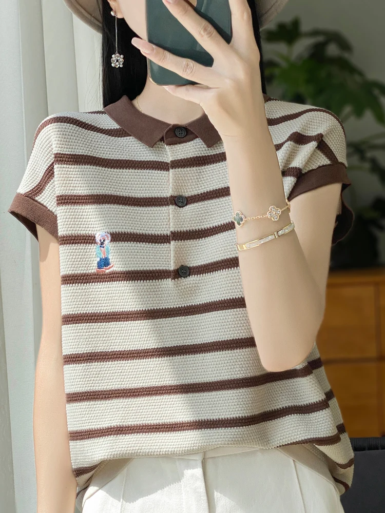 

Свободная футболка ort Sve для женщин больших размеров, вязаный тонкий летний топ с вышивкой медведя, цветной дизайн Blo Ne