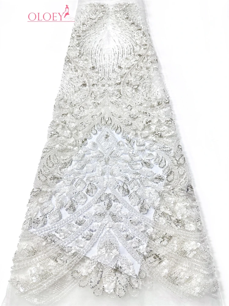

OLOEY Premium Nigerian Sequined Lace Fabric Heavy Beaded Mesh for Women's Wedding Gown And Evening Dress African Style