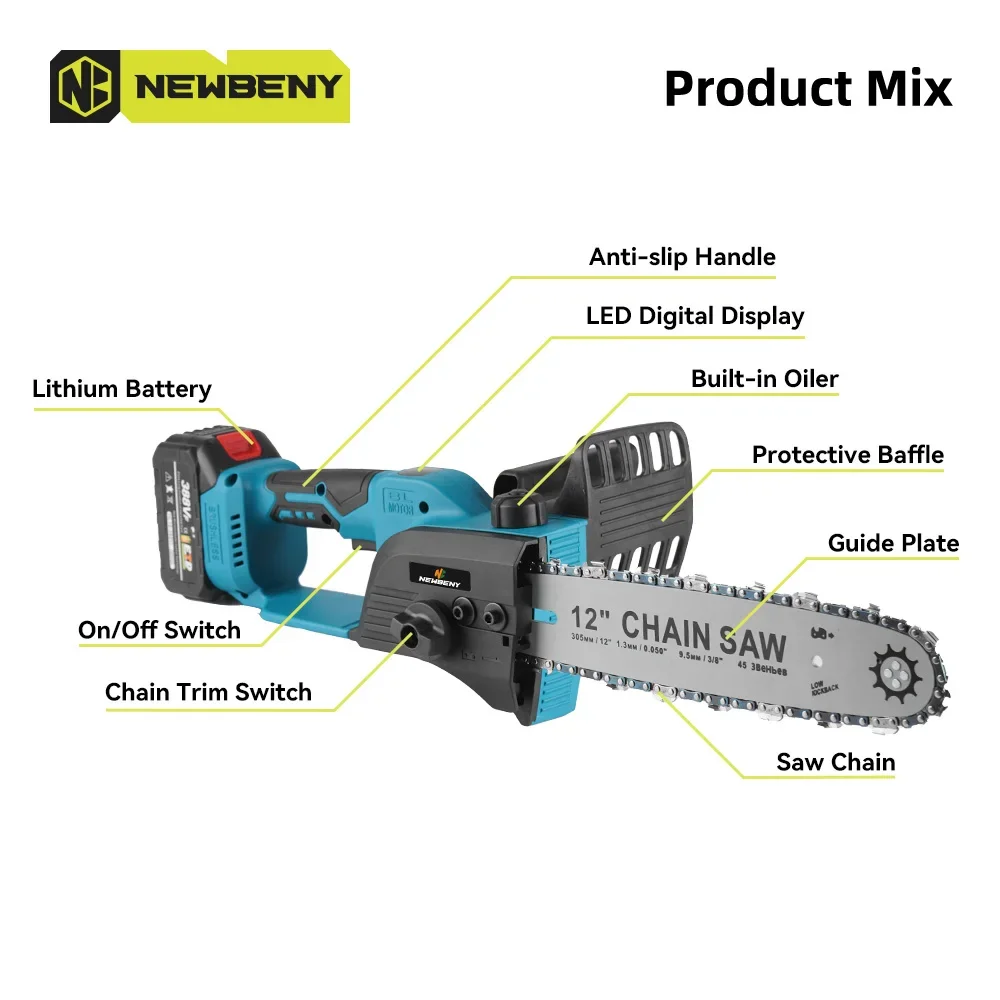 NEWBENY 12 Inch Brushless Electric Chainsaw With Oiler Cordless Garden Woodworking Cutting Tool Machine For Makita 18V Battery