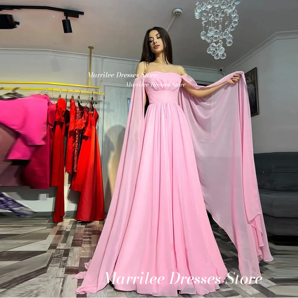 Marrilee Elegant Pink Off The Shoulder Chiffon A-Line Evening Dress Simple Sweetheart Pleated Cap SleevesFormal Prom Party Gowns