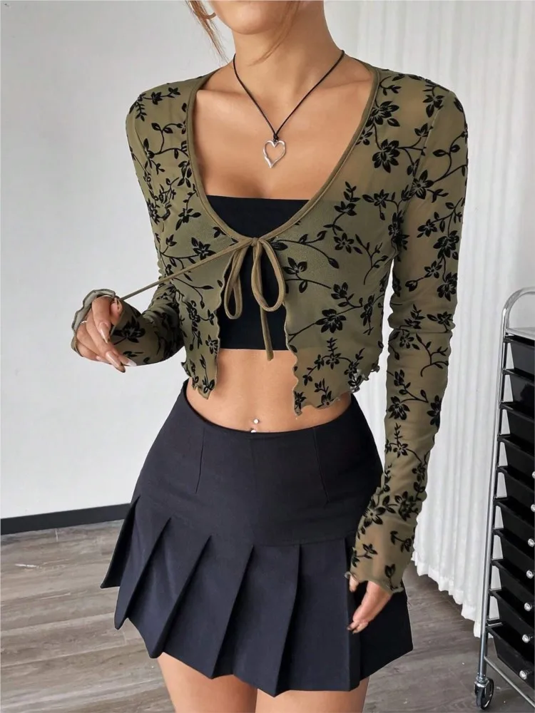 Women Transparent Mesh Flocking Front Lace-up Long Sleeve Top Women's Clothing Autumn Elegant Temperament Long Sleeves Top