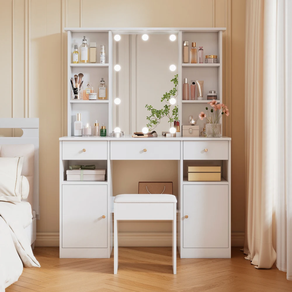 Coiffeuse avec éclairage LED réglable, table de maquillage avec tabouret, 3 tiroirs et 2 portes, grand rangement, blanc