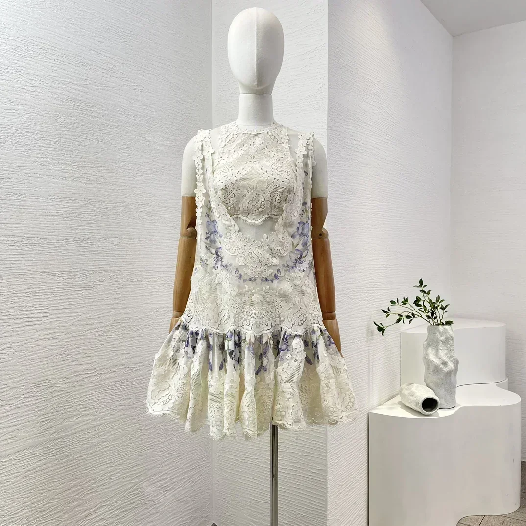 Preorder White Sleeveless Lace Patchwork Raised Floral Print Women Vest and Mini Dress Set for Holiday