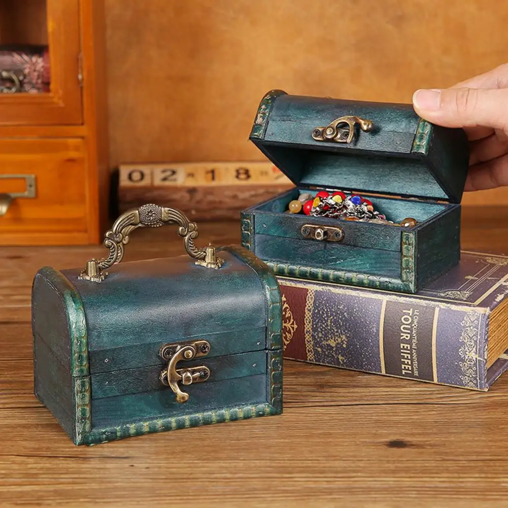 Earrings Case Excellent Vintage Wooden Storage Box with Lock Mini Jewelry Box  Retro Treasure Chest with Lock for Home