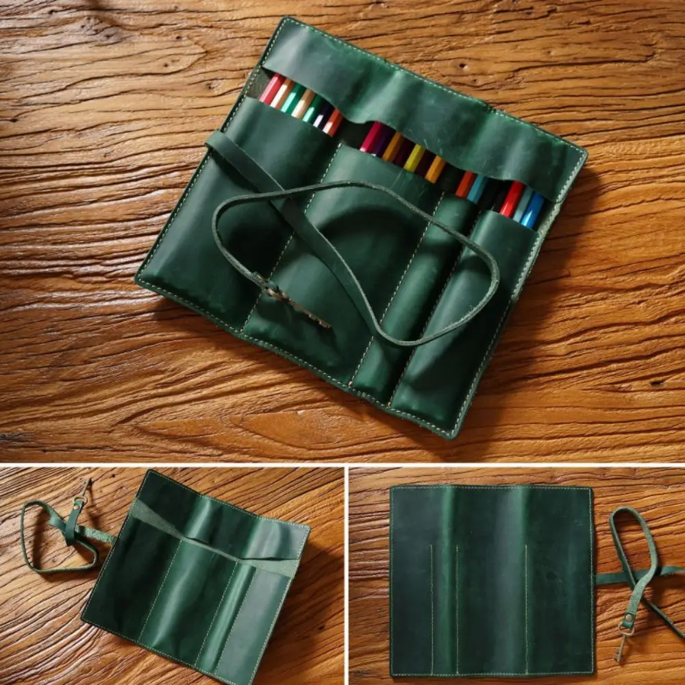 Cowhide Leather Pen Bag Retro Roll-Up Pencil Roll Bag Handmade Multi-Compartment Vintage Cowhide Pencil Case Literary Style