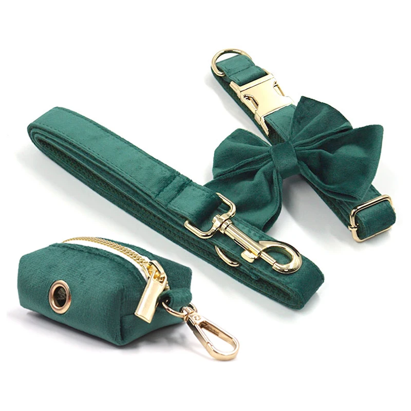 Green Velvet Personalized Collars for Dogs Adjustable Pet Harness with Safety Metal Buckles Sailor Bow Puppy Harness Gift Set