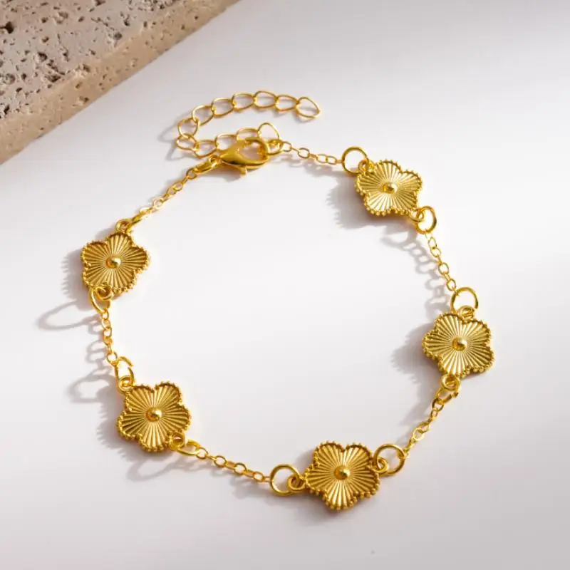 Trendy Luxury Five Leaf Flower Bracelets Necklace For Women Gold Color Flower Chain Bracelet Earrings Set Wedding Party Jewelry