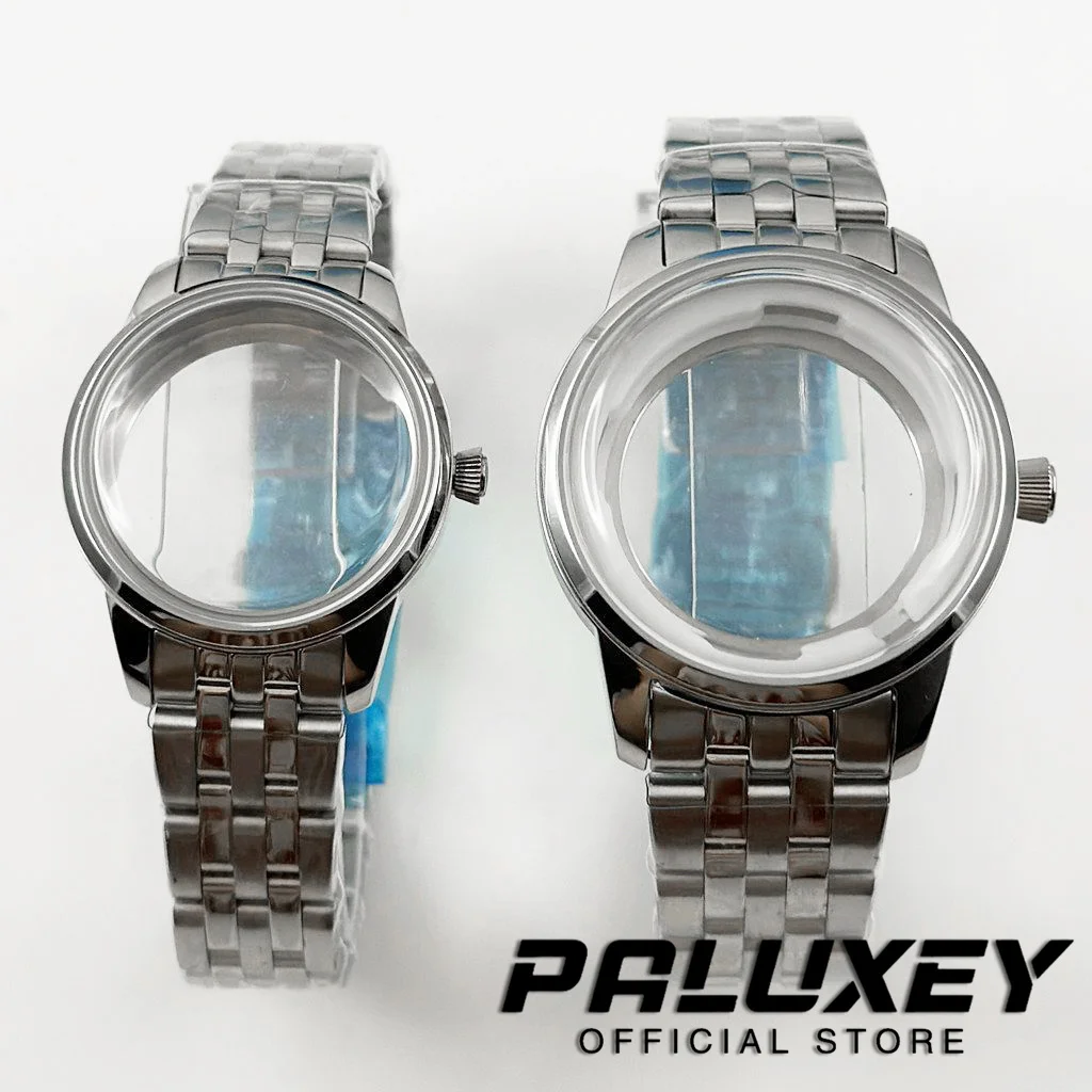 Caja de reloj de acero inoxidable para cócteles, 33MM/40MM, compatible con movimiento NH35 NH38, cubierta trasera transparente de cristal con arco, caja plateada