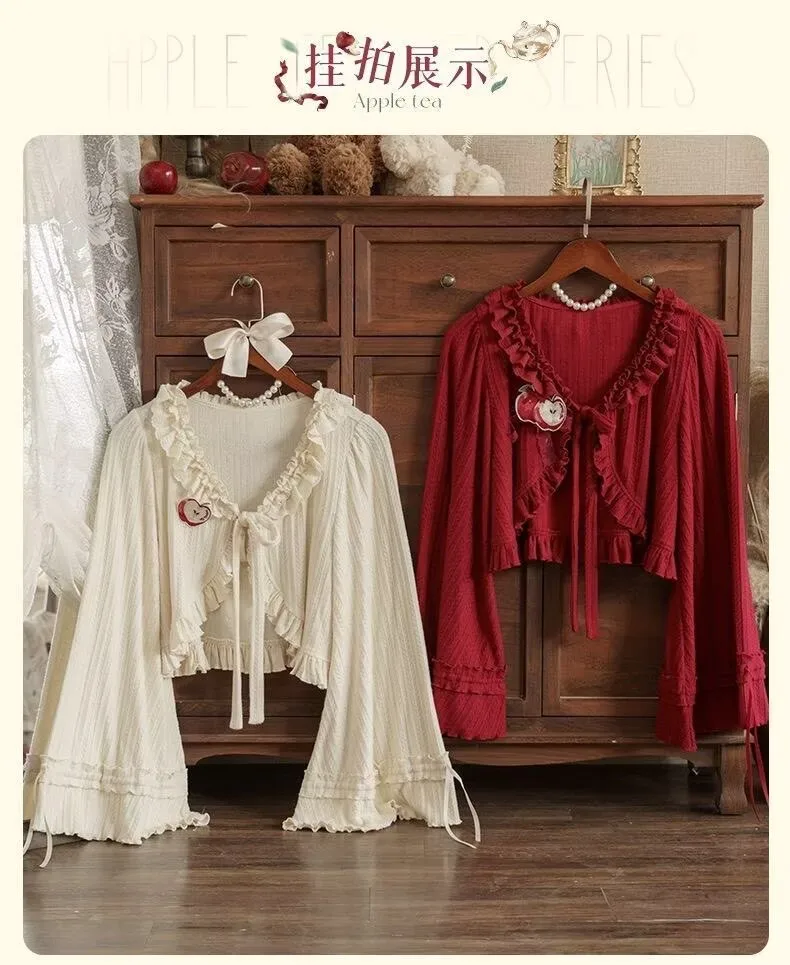 Japanese Lolita Knit Cardigan Women Kawaii Ruffles V Neck Crop Y2k Top Cute Bow Long Sleeve Knitted Coat Spring Casual Outerwear - view 5