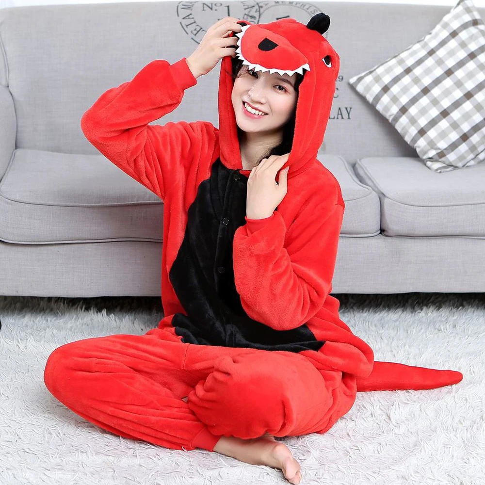 Volwassenen Kinderen Dier Kigurumi Onesie Dinosaurus Pyjama Set Nachtkleding Capuchon Cosplay Kostuum Vrouwen Mannen Winter Unisex Cartoon Pyjama