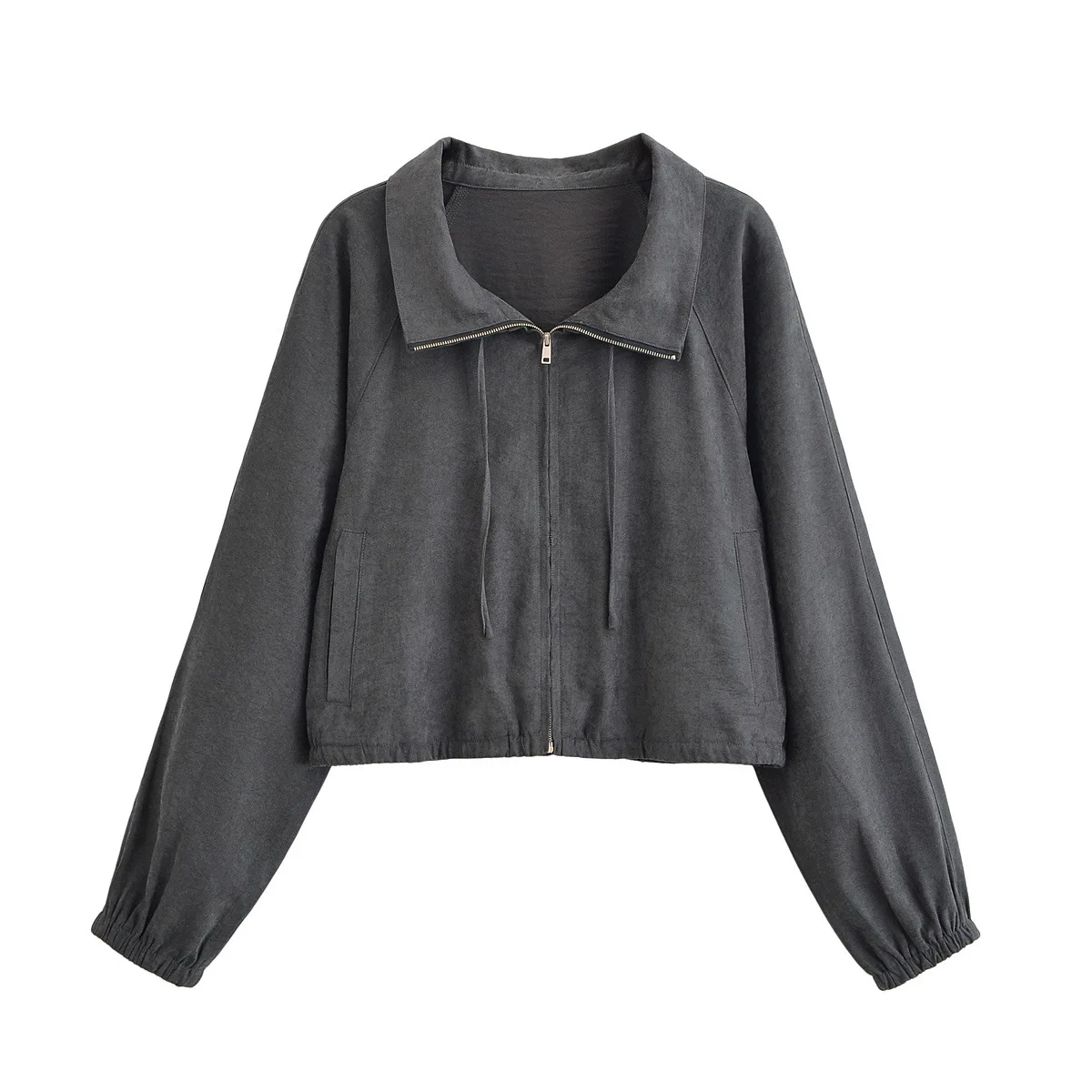 2025 New Women Dark Gray Short Length Zipper Jacket Turn Down Collar Front Pocket Ribbed Cuff Loose Hoodie Style Outerwear