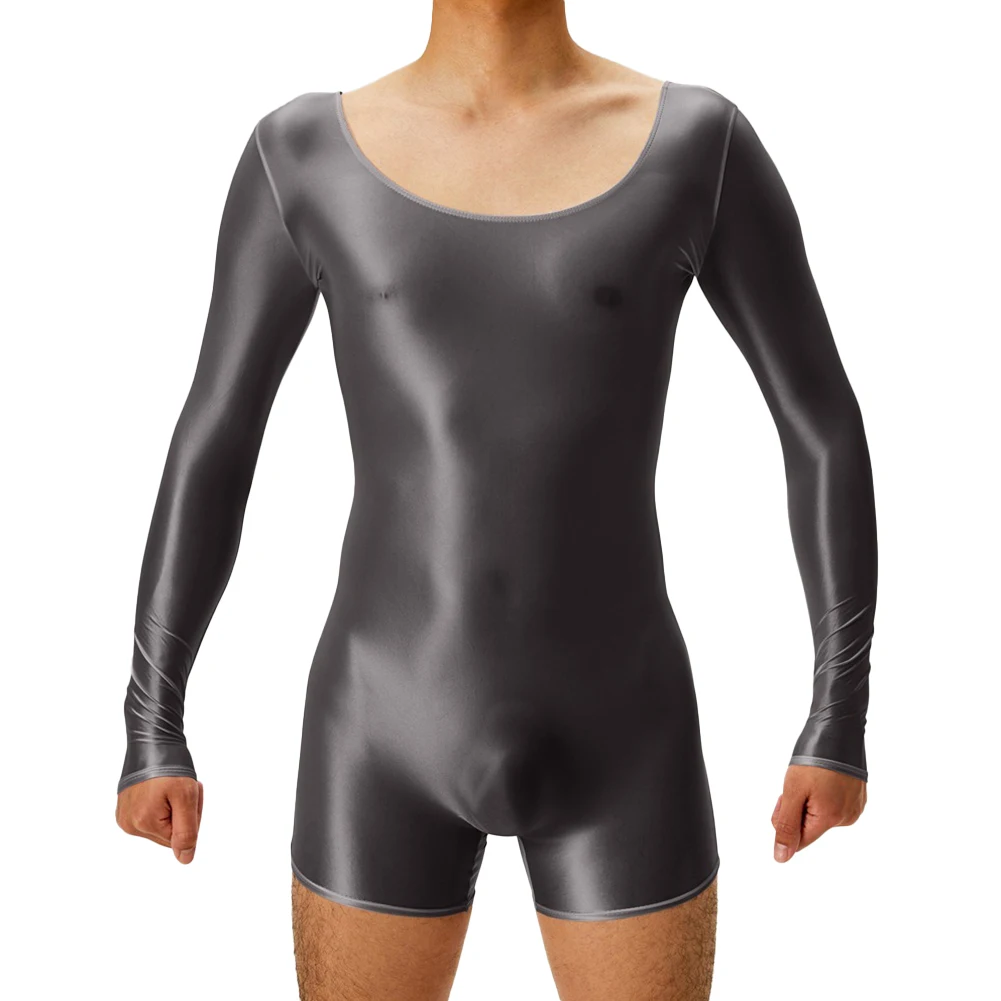 Jumpsuit Bodysuit Glossy High Elastic Nylon O Neck Oil Shiny Quick-drying See Through Shaping Pants Solid Color