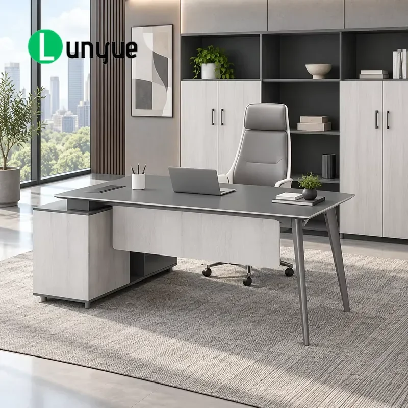 Modern Executive Desk with Side Locker Cable Management Imitation Wood Finish for CEO Manager Office Furniture Professional