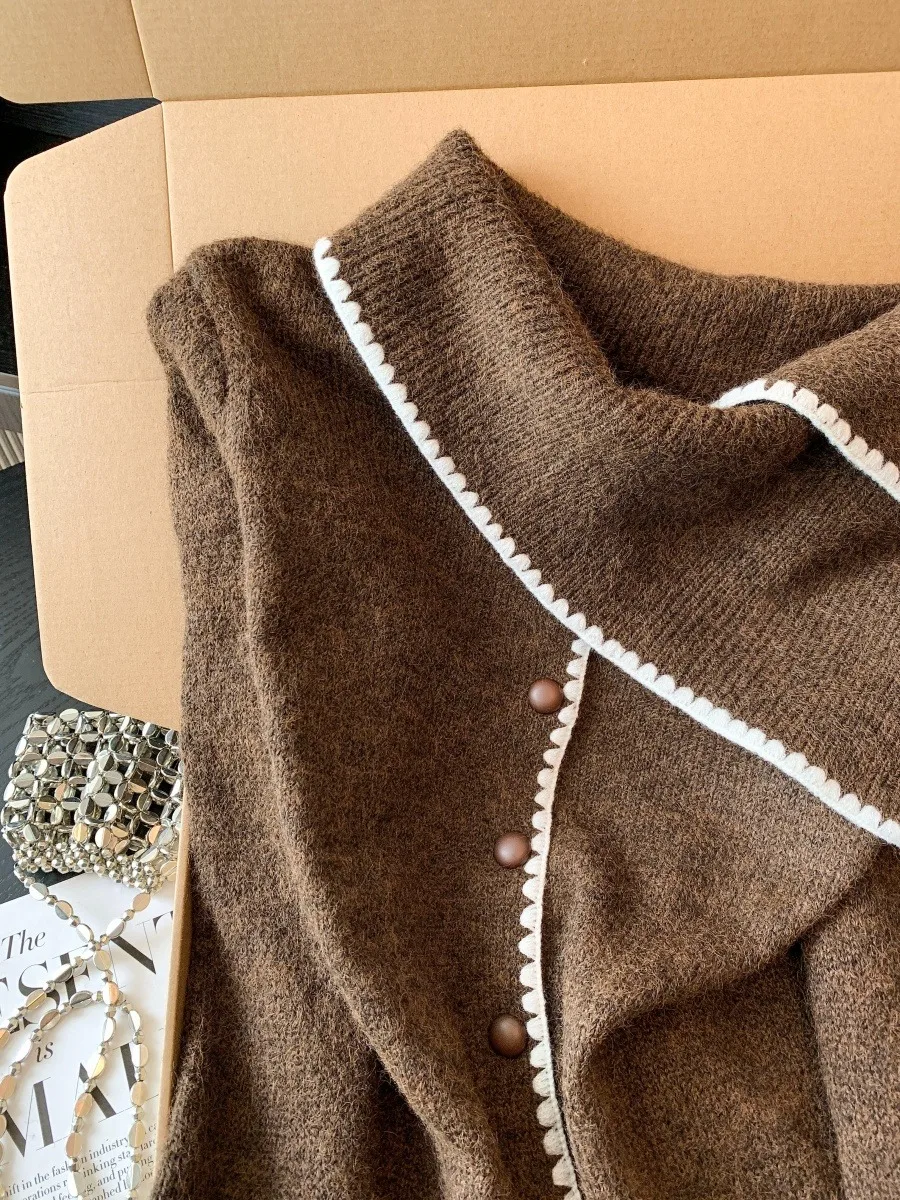 เสื้อไหมพรมถักพร้อมผ้าพันคอ ดีไซน์ใหม่สำหรับผู้หญิง ฤดูใบไม้ร่วง ฤดูหนาว สไตล์เกาหลี แฟชั่นลำลอง เสื้อคลุมคาร์ดิแกนแบบเปิด