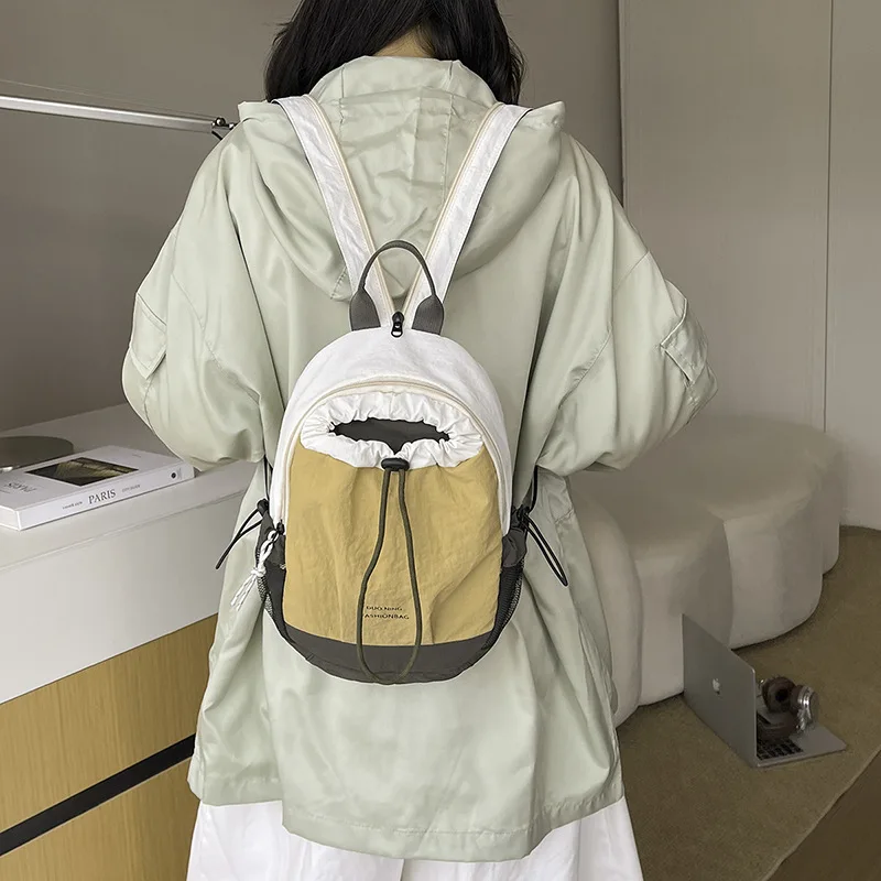 Small Fashion Women Backpack Color Block Drawstring Pocket Schoolbag Lightweight Mini Travel Rucksack Outdoor Sports Daypack