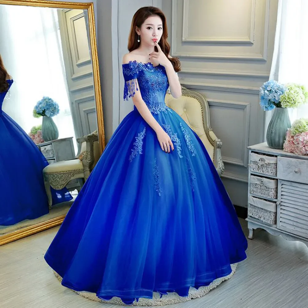 

Royal Blue Quinceanera Dresses Women Appliques Tassel Tulle Off Shoulder Prom Party Graduation Gowns Formal Robe De Mariée China