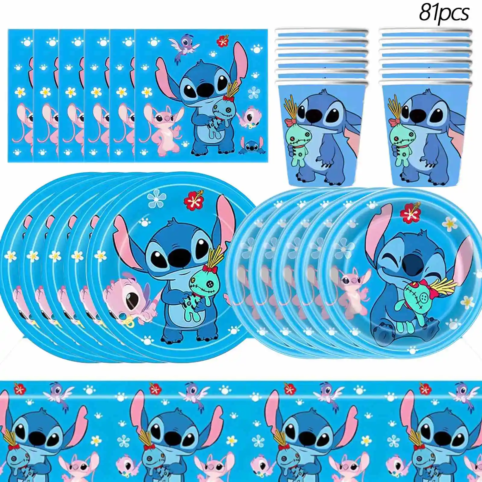 81 pièces d'accessoires pour fête d'anniversaire Stitch, comprenant des assiettes en papier, des gobelets en papier, des serviettes, une nappe pour la décoration de la fête Stitch