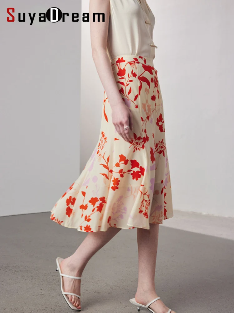 

SuyaDream Women Long Skirt, 100%Real Silk, A-line, Red Floral Skirts, 2025 Spring Summer Chic Bottoms