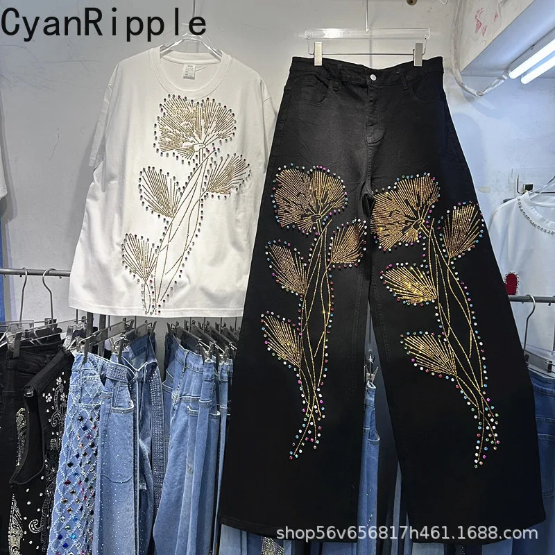 

Fashionable Diamonds Women Two-piece Set Loose Summer White Short Sleeve T-shirt Top + High Waist Wide Leg Black Denim Pants