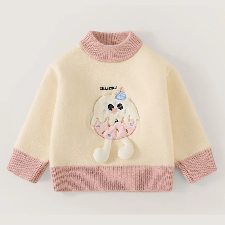 Toddler Girls Mock Neck Sweater Contrast Cuff Cartoon Applique Patch Pullover Soft Fabric Casual Top For Toddler Winter JY15