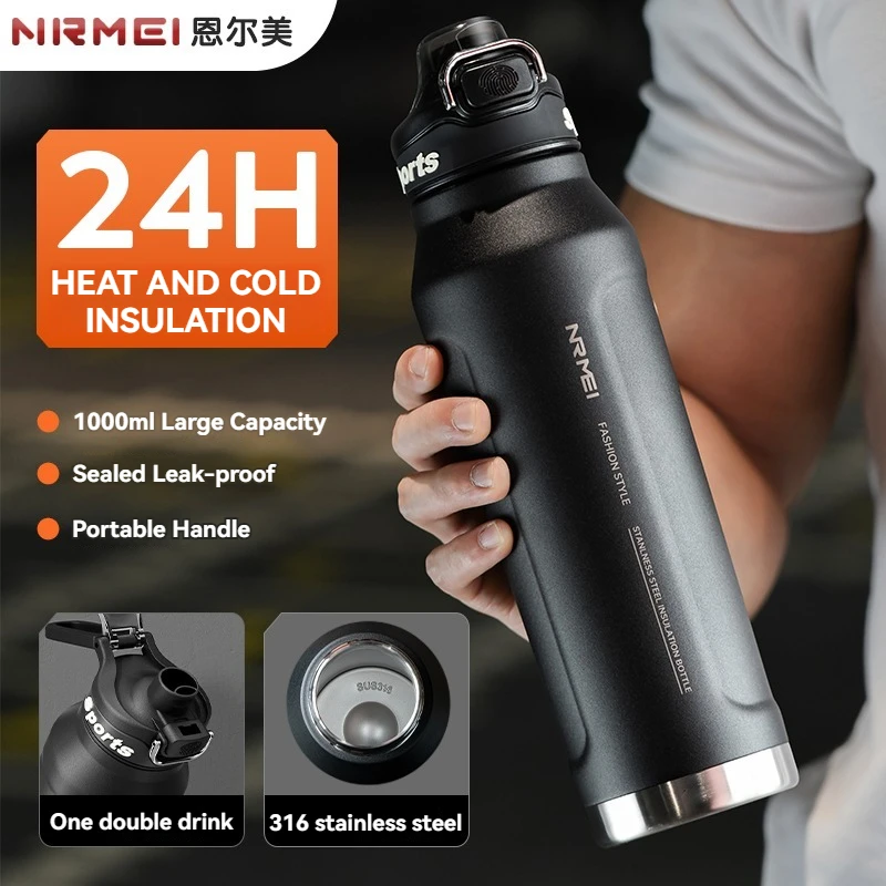 

1L Thermos Water Bottle Stainless Steel Vacuum Flasks Keep Cold Hot Water Coffee bottles Portable Sport Gym Kettles With Straw