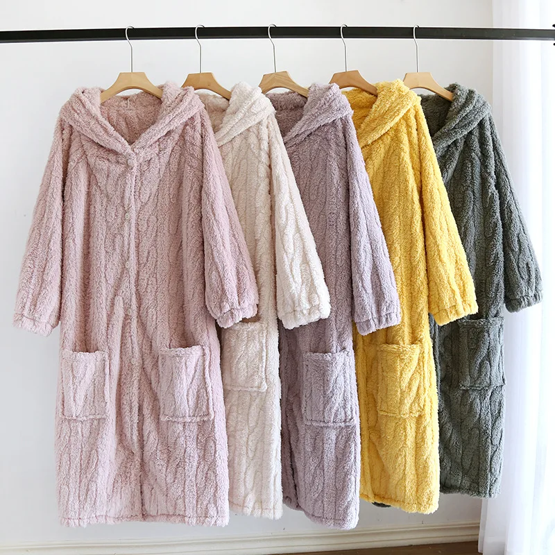 

Сплошной цвет, коралловый флис, женская ночная рубашка с капюшоном, фланелевая ночная рубашка, теплая утолщенная милая домашняя одежда, халат, банный халат