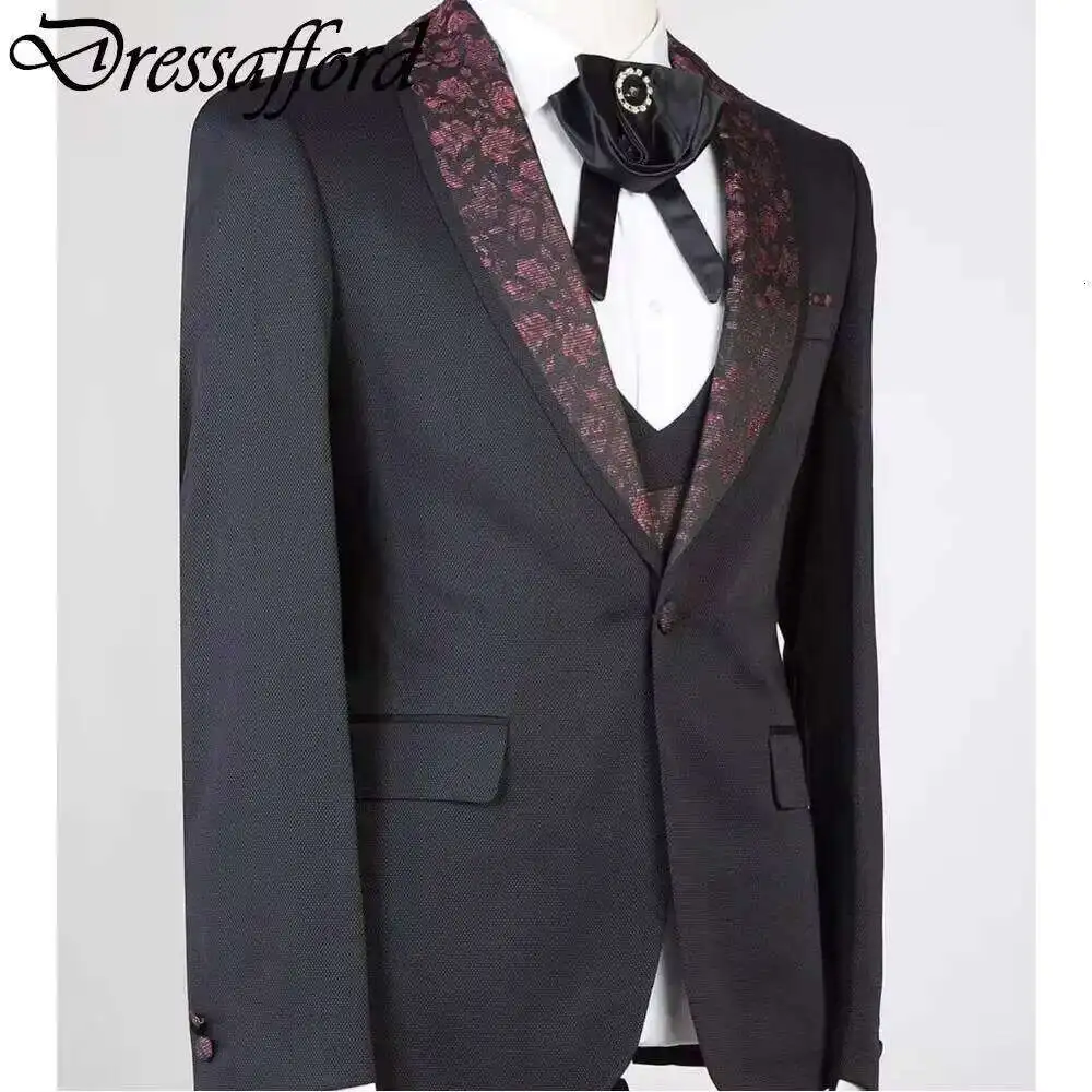 Gray Elegant Floral Print Men Suits Formal Party Blazer Three Pieces Groom Wear Jacket Vest + Pants