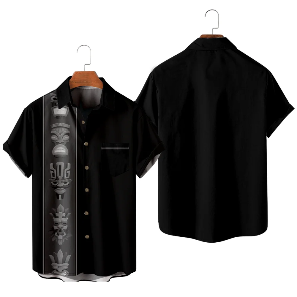 

Мужская гавайская черная рубашка Totem Pole в стиле пэчворк Y2K Hombre, модная рубашка, повседневная пляжная рубашка большого размера