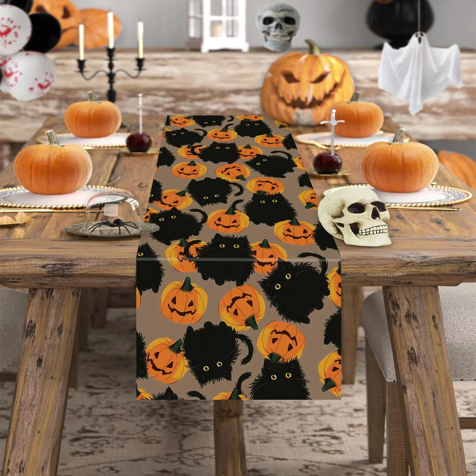 1PC Halloween Table Runner Black Cat Pumpkins Seasonal Kitchen Dining Table Home Outdoor Party Decorations