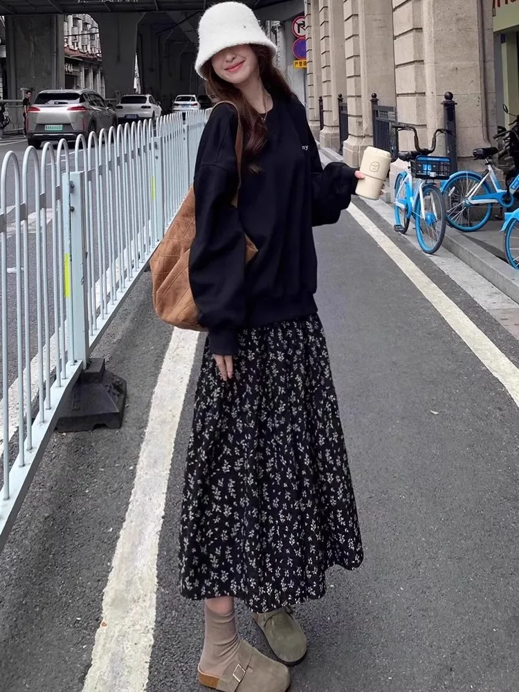 Black Floral Print A-Line Midi Skirt High Waist Slimming Hip Covering Women's Spring Summer New Style Casual Half-length Skirt