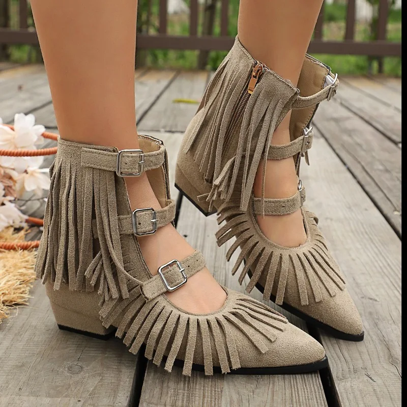 Sandy Beige Fringe T-Strap 3CM Wedge Ankle Boots Women Pointed Toe Buckle Western Style Casual Comfortable Sandalias Mujer