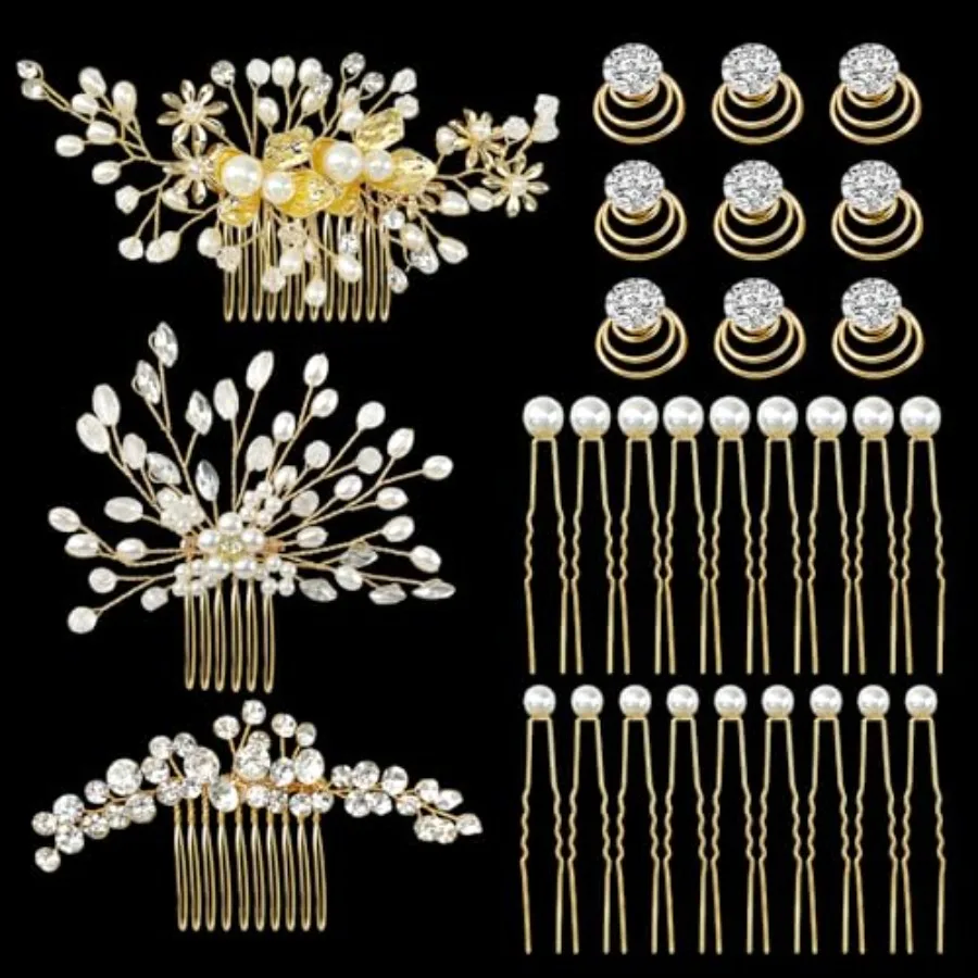 

33Pcs Bridal Wedding Hair Accessories Include 2 Styles Gold Flower Leaf Pearl Side Combs, Crescent Shaped Rhinestone Comb, U-sh