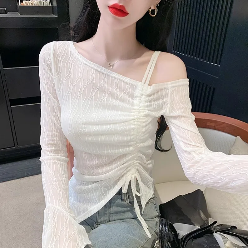 

Lace Flare Sleeve Women Shirts&blouses Women Tops Skew Neck Solid Spring Autumn Ropa De Mujer Elegant Short Tees