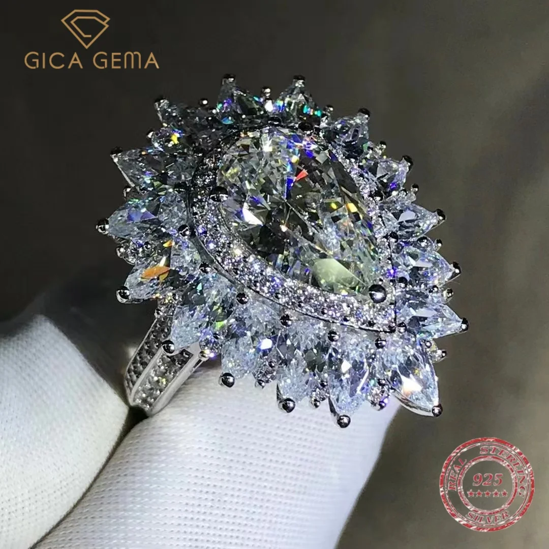 

Gica Gema Luxury Real 925 Sterling Silver 3EX Pear Cut 4CT High Carbon Diamond Wedding Ring White Gold Color Fine Jewelry Gift