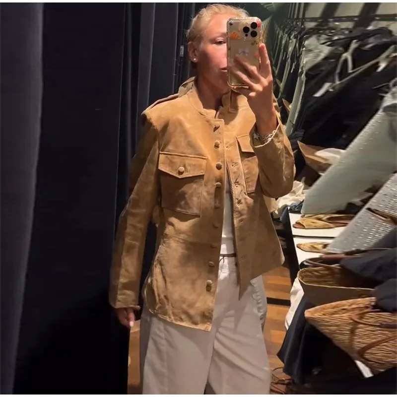 2026 Herbst Vintage Einreihige Jacken Damen Einfarbig Stehkragen Taschen Langarm Mantel Damen Freizeit-Oberbekleidung – Detail 13